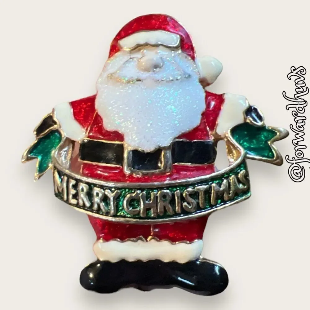 Vintage Santa Merry Christmas Metal & Enamel Brooch
